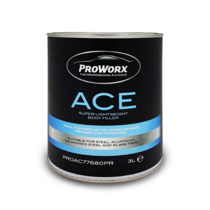 alt=''Tin of ProWorx Ace Super Lightweight Body Filler 3L 3KG for bodywork smart repairs dents and dent repair heavy and light body repairs''