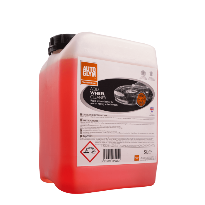 alt="autoglym 5l gallon trade size of acid wheel cleaner for alloys and plastic trims colour is pink"