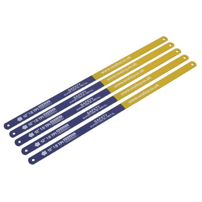 alt="Sealey Hacksaw Blade 300mm HSS 18tpi Bi-Metal pack of 5 blue and yellow"