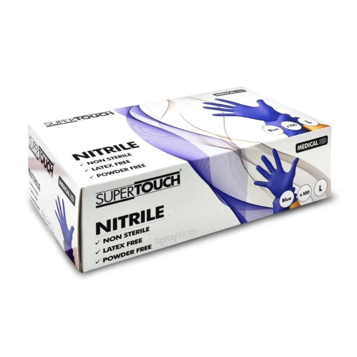 alt="Supertouch Powder Free Box of Nitrile Disposable Blue Gloves 100PK PPE"