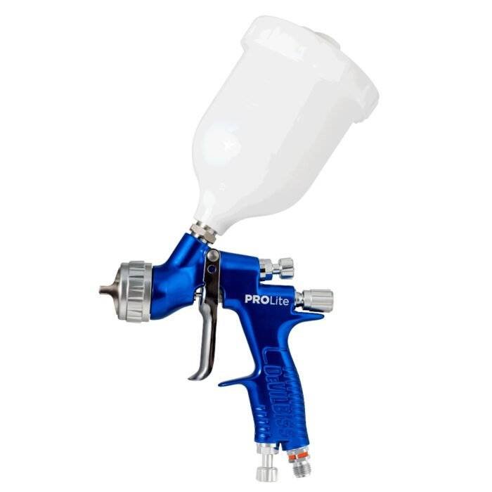 alt="Devilbiss GTI pro lite blue Gravity Feed Spray gun 560ml cup with paint filter, spanner, cleaning brush, set of four colour identification rings"