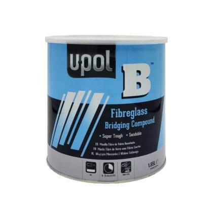 alt="upol tin of 1.85L of premium fibreglass bridging compound filler for car body repairs"