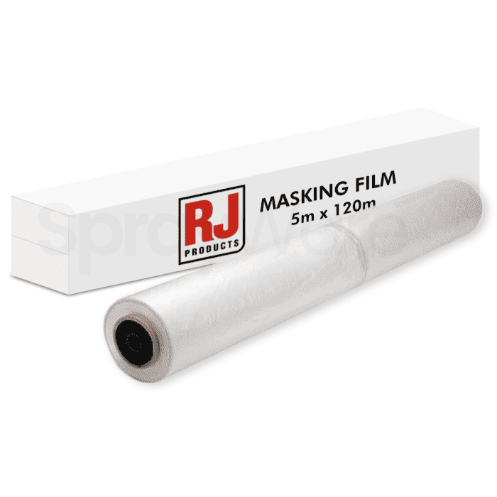 alt="Box of RJ Products Masking Film Roll 5m x 120m Clear Polymask Sheet White"